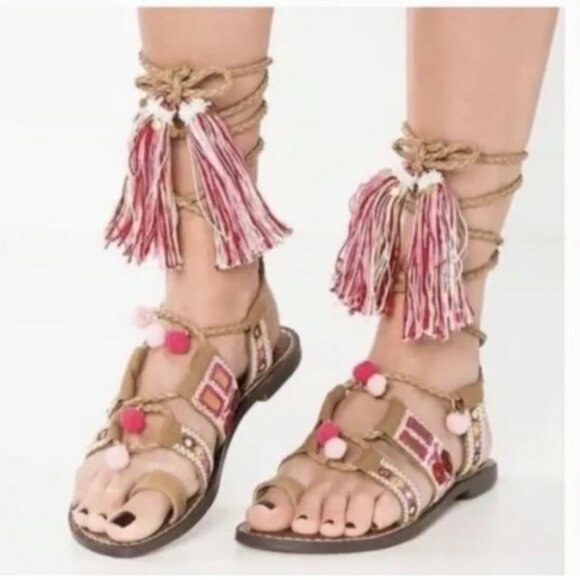 Sam Edelman Gretchen Boho Sandals 7M Embroidered Beaded Pom Pom Tassel Lace Up - Picture 3 of 16